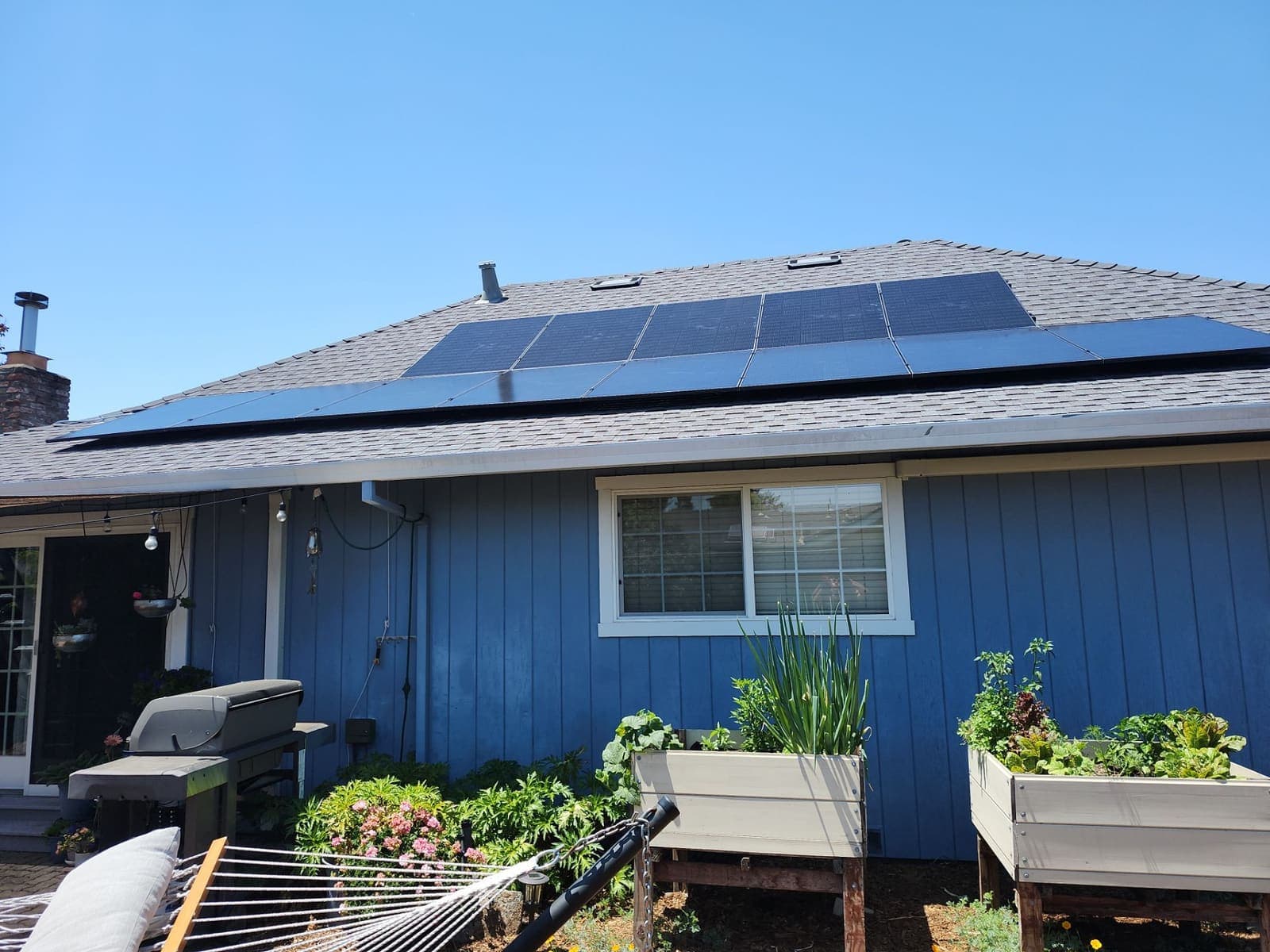 Full roof of solar panels on a single-storey home above a backyard garden