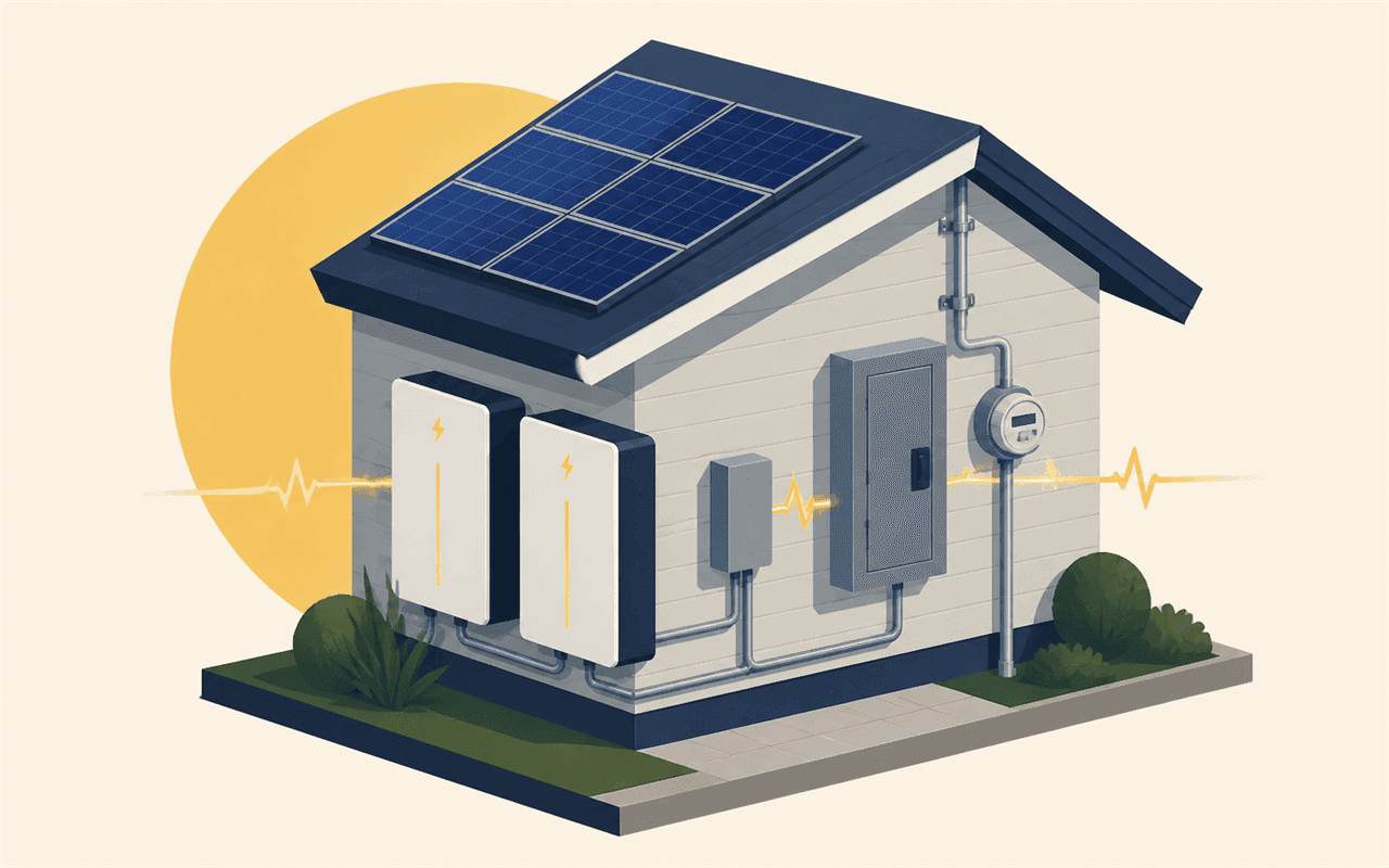 Illustration of a home battery unit mounted on a garage wall