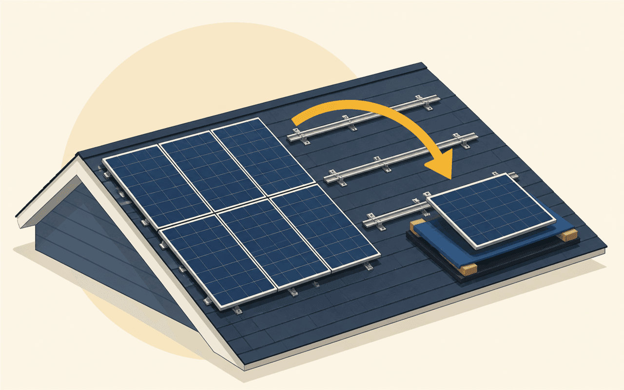 Illustration of a solar panel being lifted off a roof for re-roofing